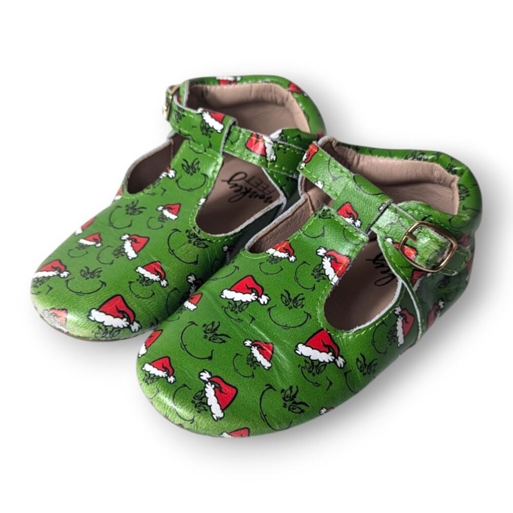 Monkey Feet Green Grinch Christmas Moccasin Mary Janes 3-4 Y